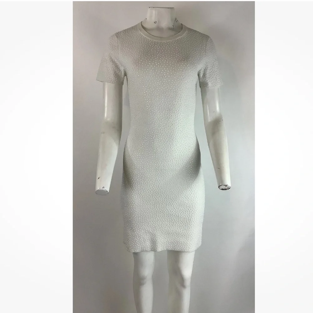Alice Olivia Sz M All Over Beaded Studded Sheath Pullover Dress White Nylon - Picture 2 of 8